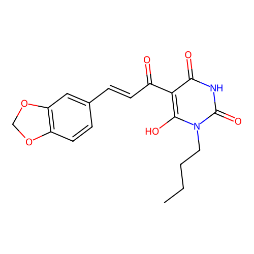 (E)-5-(3-(benzo[d][1,3]dioxol-5-yl)acryloyl)-3-butyl-6-hydroxypyrimidine-2,4(1H,3H)-dione structure