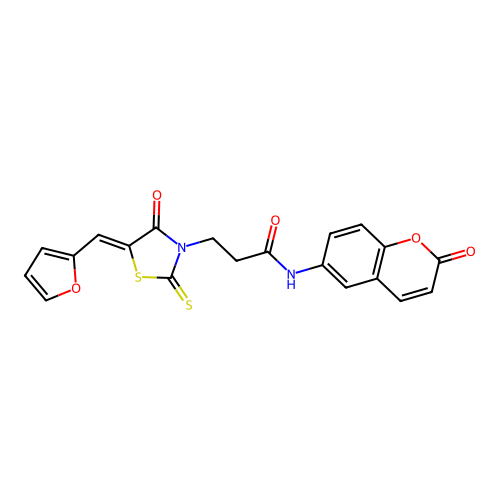 (Z)-3-(5-(furan-2-ylmethylene)-4-oxo-2-thioxothiazolidin-3-yl)-N-(2-oxo-2H-chromen-6-yl)propanamide structure