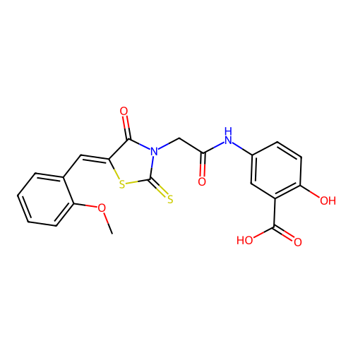 (Z)-2-hydroxy-5-(2-(5-(2-methoxybenzylidene)-4-oxo-2-thioxothiazolidin-3-yl)acetamido)benzoic acid structure