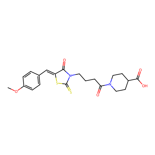 1-{4-[(5Z)-5-(4-methoxybenzylidene)-4-oxo-2-thioxo-1,3-thiazolidin-3-yl]butanoyl}piperidine-4-carboxylic acid structure