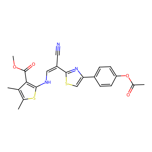 (Z)-methyl 2-((2-(4-(4-acetoxyphenyl)thiazol-2-yl)-2-cyanovinyl)amino)-4,5-dimethylthiophene-3-carboxylate structure