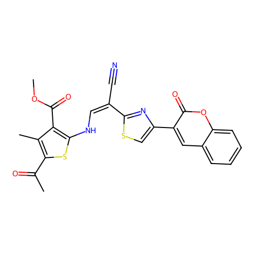 (Z)-methyl 5-acetyl-2-((2-cyano-2-(4-(2-oxo-2H-chromen-3-yl)thiazol-2-yl)vinyl)amino)-4-methylthiophene-3-carboxylate structure