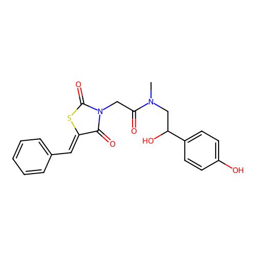 2-[(5Z)-5-benzylidene-2,4-dioxo-1,3-thiazolidin-3-yl]-N-[2-hydroxy-2-(4-hydroxyphenyl)ethyl]-N-methylacetamide structure