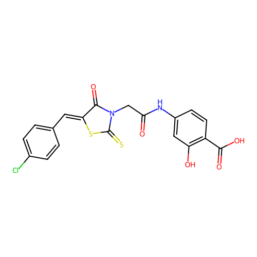 (Z)-4-(2-(5-(4-chlorobenzylidene)-4-oxo-2-thioxothiazolidin-3-yl)acetamido)-2-hydroxybenzoic acid structure