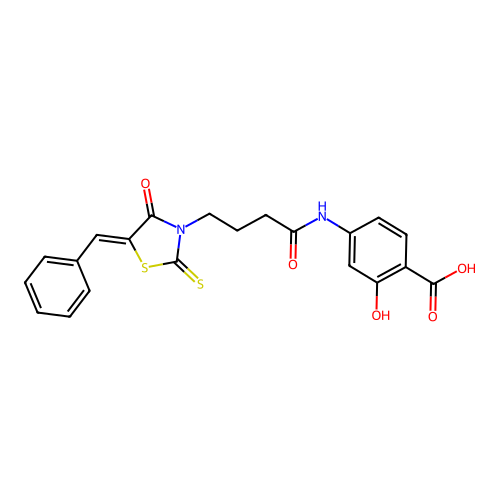 4-({4-[(5Z)-5-benzylidene-4-oxo-2-thioxo-1,3-thiazolidin-3-yl]butanoyl}amino)-2-hydroxybenzoic acid structure