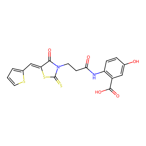 (Z)-5-hydroxy-2-(3-(4-oxo-5-(thiophen-2-ylmethylene)-2-thioxothiazolidin-3-yl)propanamido)benzoic acid structure