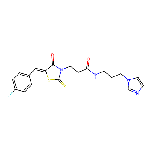 3-[(5Z)-5-[(4-fluorophenyl)methylidene]-4-oxo-2-sulfanylidene-1,3-thiazolidin-3-yl]-N-(3-imidazol-1-ylpropyl)propanamide structure