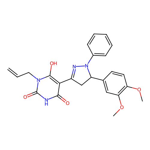 (5Z)-5-[5-(3,4-dimethoxyphenyl)-1-phenylpyrazolidin-3-ylidene]-1-prop-2-enyl-1,3-diazinane-2,4,6-trione structure