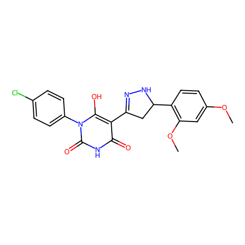 1-(4-chlorophenyl)-5-[5-(2,4-dimethoxyphenyl)pyrazolidin-3-ylidene]-1,3-diazinane-2,4,6-trione structure