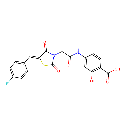 (Z)-4-(2-(5-(4-fluorobenzylidene)-2,4-dioxothiazolidin-3-yl)acetamido)-2-hydroxybenzoic acid structure