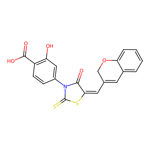 (E)-4-(5-((2H-chromen-3-yl)methylene)-4-oxo-2-thioxothiazolidin-3-yl)-2-hydroxybenzoic acid structure