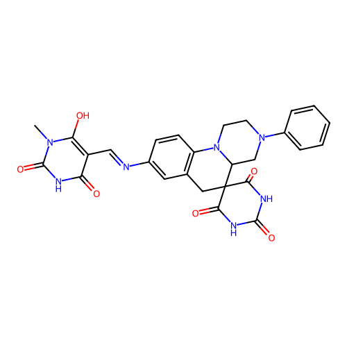 (5Z)-5-{[(2',6'-dihydroxy-4'-oxo-3-phenyl-2,3,4,4a-tetrahydro-1H,4'H,6H-spiro[pyrazino[1,2-a]quinoline-5,5'-pyrimidin]-8-yl)amino]methylidene}-6-hydroxy-3-methylpyrimidine-2,4(3H,5H)-dione structure
