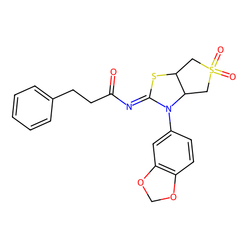 N-[(2E)-3-(1,3-benzodioxol-5-yl)-5,5-dioxidotetrahydrothieno[3,4-d][1,3]thiazol-2(3H)-ylidene]-3-phenylpropanamide structure