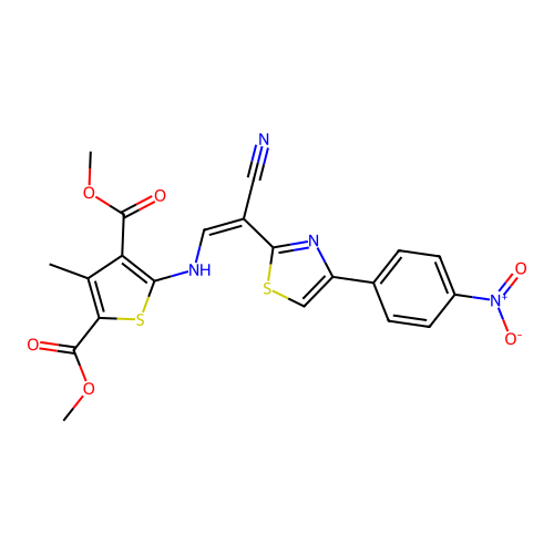 (Z)-dimethyl 5-((2-cyano-2-(4-(4-nitrophenyl)thiazol-2-yl)vinyl)amino)-3-methylthiophene-2,4-dicarboxylate structure