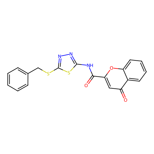 N-[5-(benzylsulfanyl)-1,3,4-thiadiazol-2-yl]-4-oxo-4H-chromene-2-carboxamide structure