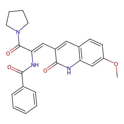 (Z)-N-(1-(7-methoxy-2-oxo-1,2-dihydroquinolin-3-yl)-3-oxo-3-(pyrrolidin-1-yl)prop-1-en-2-yl)benzamide structure