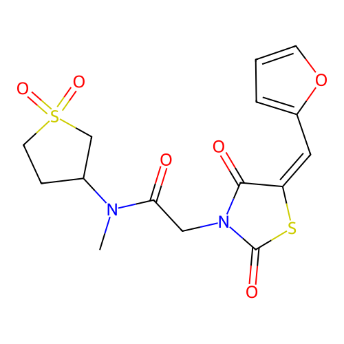 (E)-N-(1,1-dioxidotetrahydrothiophen-3-yl)-2-(5-(furan-2-ylmethylene)-2,4-dioxothiazolidin-3-yl)-N-methylacetamide structure