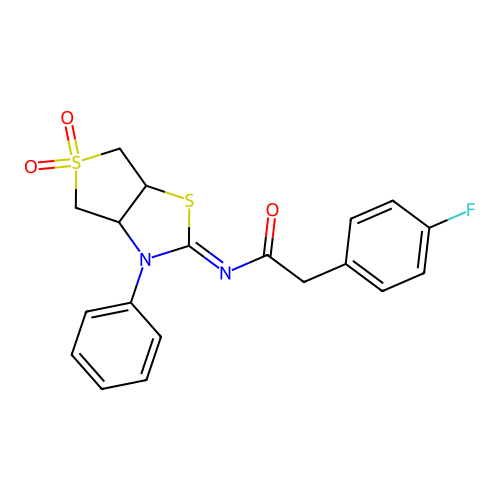 N-[(2E)-5,5-dioxido-3-phenyltetrahydrothieno[3,4-d][1,3]thiazol-2(3H)-ylidene]-2-(4-fluorophenyl)acetamide structure