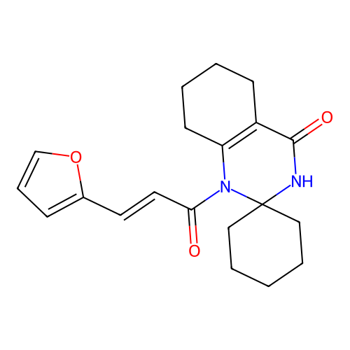 1-((2E)-3-(2-furyl)prop-2-enoyl)spiro[1,2,3,5,6,7,8-heptahydroquinazoline-2,1'-cyclohexane]-4-one structure