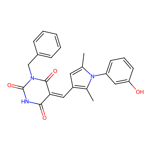 (5Z)-1-benzyl-5-[[1-(3-hydroxyphenyl)-2,5-dimethylpyrrol-3-yl]methylidene]-1,3-diazinane-2,4,6-trione structure