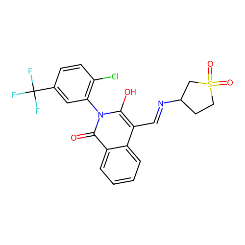 (4E)-2-[2-chloro-5-(trifluoromethyl)phenyl]-4-{[(1,1-dioxidotetrahydrothiophen-3-yl)amino]methylidene}isoquinoline-1,3(2H,4H)-dione structure