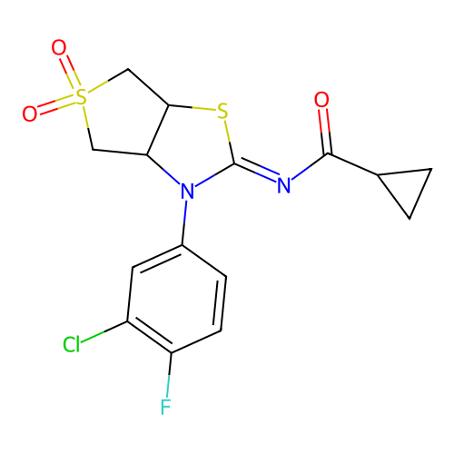 N-[(2Z)-3-(3-chloro-4-fluorophenyl)-5,5-dioxidotetrahydrothieno[3,4-d][1,3]thiazol-2(3H)-ylidene]cyclopropanecarboxamide structure