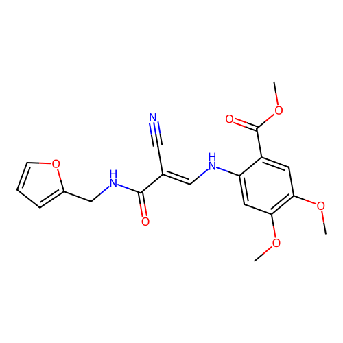 (E)-methyl 2-((2-cyano-3-((furan-2-ylmethyl)amino)-3-oxoprop-1-en-1-yl)amino)-4,5-dimethoxybenzoate structure