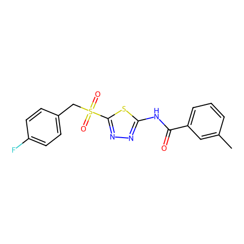 N-{5-[(4-fluorobenzyl)sulfonyl]-1,3,4-thiadiazol-2-yl}-3-methylbenzamide structure