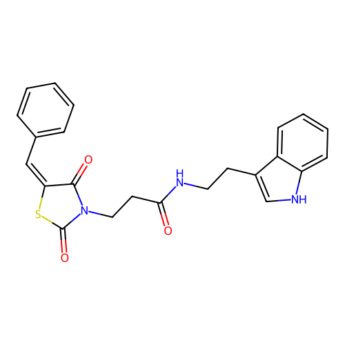 3-[(5E)-5-benzylidene-2,4-dioxo-1,3-thiazolidin-3-yl]-N-[2-(1H-indol-3-yl)ethyl]propanamide structure