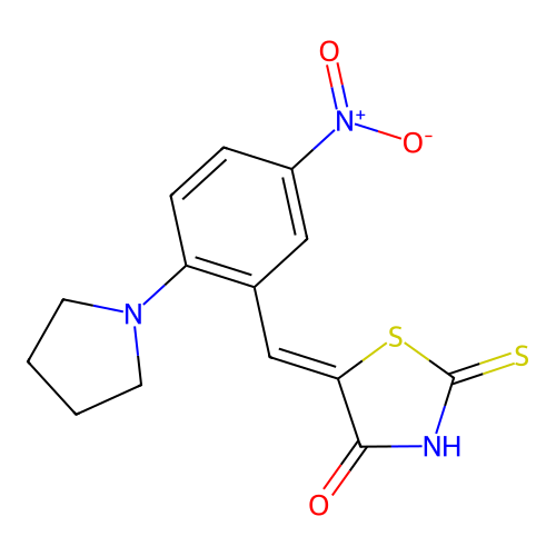 (Z)-5-(5-nitro-2-(pyrrolidin-1-yl)benzylidene)-2-thioxothiazolidin-4-one structure