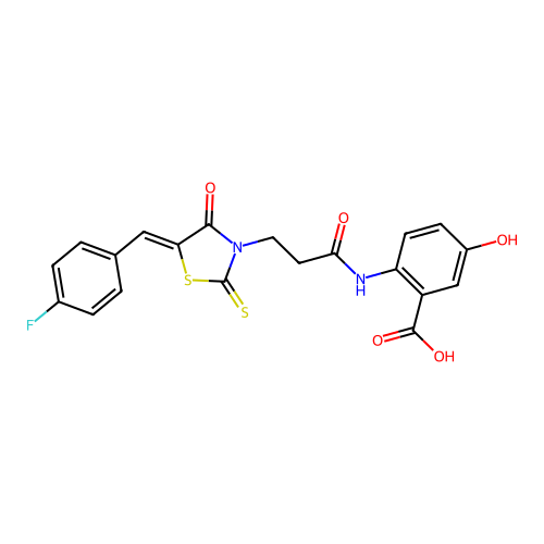 2-({3-[(5Z)-5-(4-fluorobenzylidene)-4-oxo-2-thioxo-1,3-thiazolidin-3-yl]propanoyl}amino)-5-hydroxybenzoic acid structure