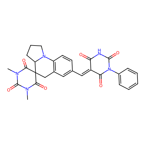 (E)-1,3-dimethyl-7'-((2,4,6-trioxo-1-phenyltetrahydropyrimidin-5(2H)-ylidene)methyl)-2',3',3a',5'-tetrahydro-1H,1'H-spiro[pyrimidine-5,4'-pyrrolo[1,2-a]quinoline]-2,4,6(3H)-trione structure