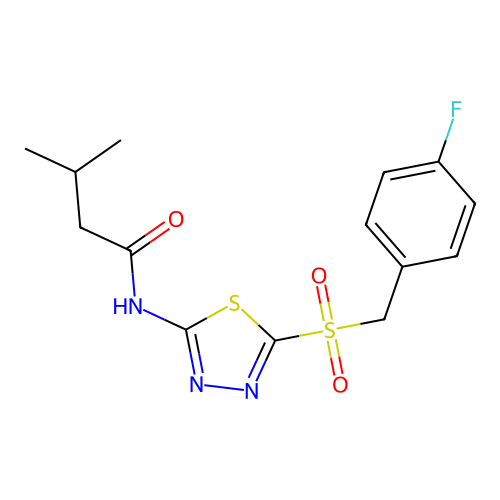 N-{5-[(4-fluorobenzyl)sulfonyl]-1,3,4-thiadiazol-2-yl}-3-methylbutanamide structure