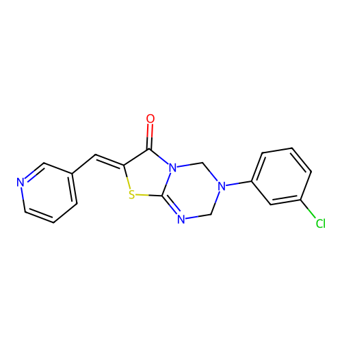 (7Z)-3-(3-chlorophenyl)-7-(pyridin-3-ylmethylidene)-2,4-dihydro-[1,3]thiazolo[3,2-a][1,3,5]triazin-6-one structure