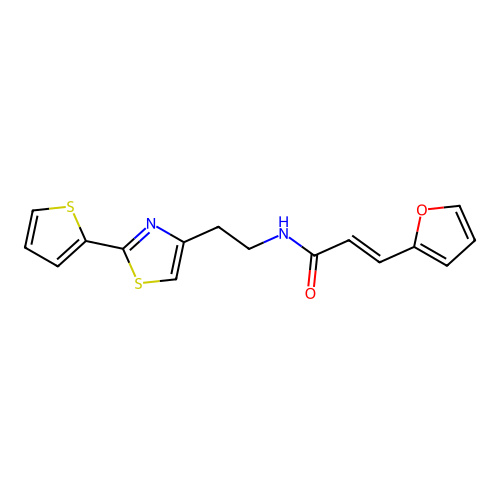 (2E)-3-(furan-2-yl)-N-{2-[2-(thiophen-2-yl)-1,3-thiazol-4-yl]ethyl}prop-2-enamide structure