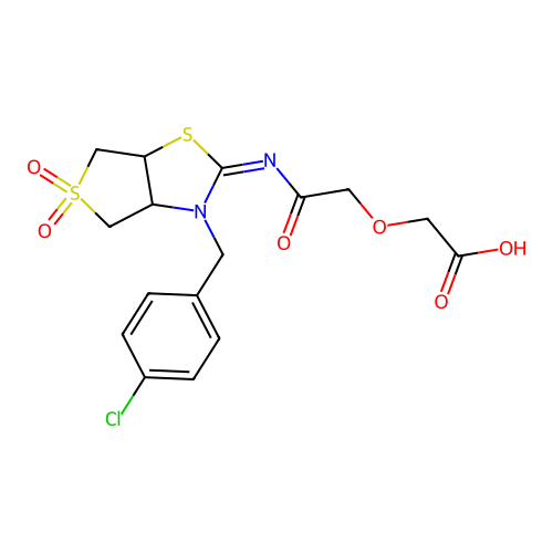 (2-{[(2Z)-3-(4-chlorobenzyl)-5,5-dioxidotetrahydrothieno[3,4-d][1,3]thiazol-2(3H)-ylidene]amino}-2-oxoethoxy)acetic acid structure