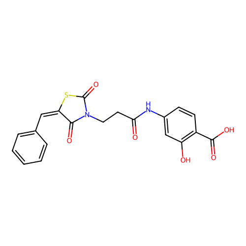 4-({3-[(5E)-5-benzylidene-2,4-dioxo-1,3-thiazolidin-3-yl]propanoyl}amino)-2-hydroxybenzoic acid structure