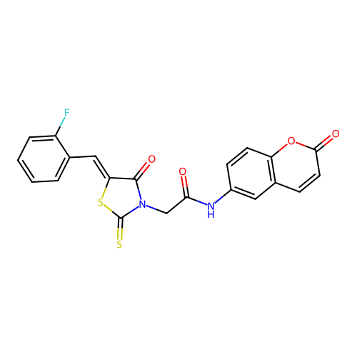 (Z)-2-(5-(2-fluorobenzylidene)-4-oxo-2-thioxothiazolidin-3-yl)-N-(2-oxo-2H-chromen-6-yl)acetamide structure