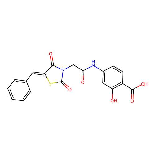 4-({[(5Z)-5-benzylidene-2,4-dioxo-1,3-thiazolidin-3-yl]acetyl}amino)-2-hydroxybenzoic acid structure