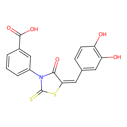 3-[(5E)-5-(3,4-dihydroxybenzylidene)-4-oxo-2-thioxo-1,3-thiazolidin-3-yl]benzoic acid structure
