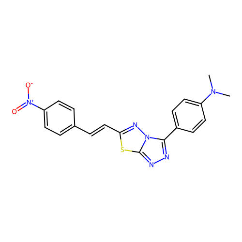 (E)-N,N-dimethyl-4-(6-(4-nitrostyryl)-[1,2,4]triazolo[3,4-b][1,3,4]thiadiazol-3-yl)aniline structure