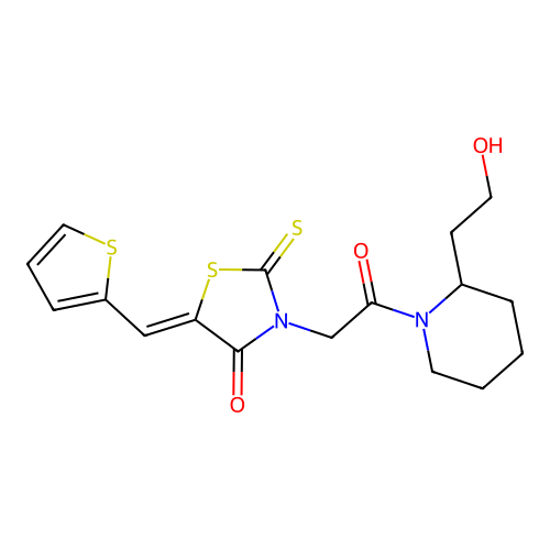 (5Z)-3-[2-[2-(2-hydroxyethyl)piperidin-1-yl]-2-oxoethyl]-2-sulfanylidene-5-(thiophen-2-ylmethylidene)-1,3-thiazolidin-4-one structure