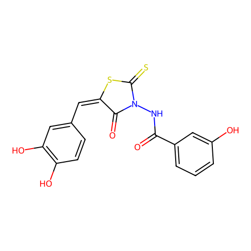 (E)-N-(5-(3,4-dihydroxybenzylidene)-4-oxo-2-thioxothiazolidin-3-yl)-3-hydroxybenzamide structure