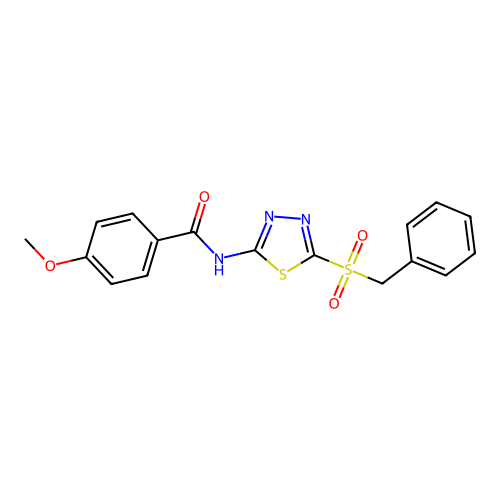N-[5-(benzylsulfonyl)-1,3,4-thiadiazol-2-yl]-4-methoxybenzamide structure