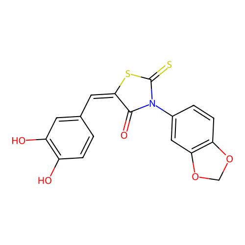 (E)-3-(benzo[d][1,3]dioxol-5-yl)-5-(3,4-dihydroxybenzylidene)-2-thioxothiazolidin-4-one structure