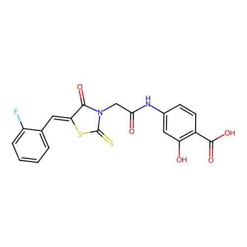 4-({[(5Z)-5-(2-fluorobenzylidene)-4-oxo-2-thioxo-1,3-thiazolidin-3-yl]acetyl}amino)-2-hydroxybenzoic acid structure