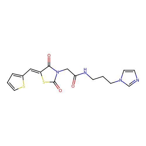 2-[(5Z)-2,4-dioxo-5-(thiophen-2-ylmethylidene)-1,3-thiazolidin-3-yl]-N-[3-(1H-imidazol-1-yl)propyl]acetamide structure