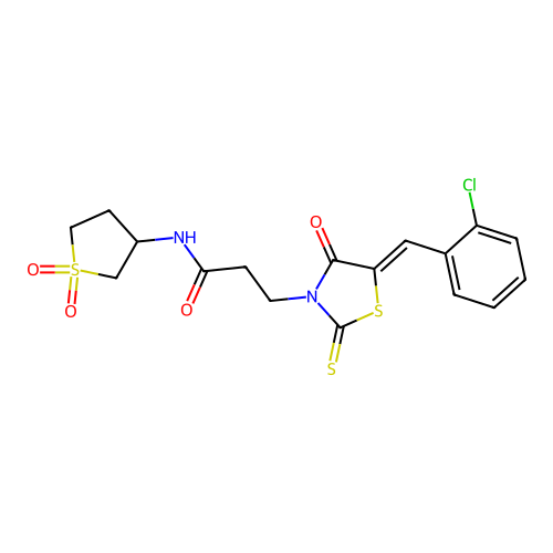 3-[(5Z)-5-[(2-chlorophenyl)methylidene]-4-oxo-2-sulfanylidene-1,3-thiazolidin-3-yl]-N-(1,1-dioxothiolan-3-yl)propanamide structure