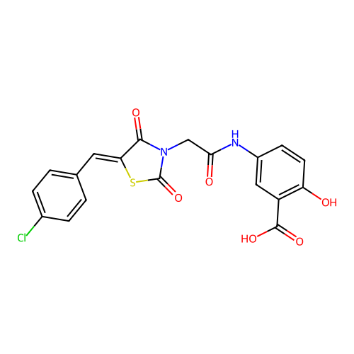 5-({[(5Z)-5-(4-chlorobenzylidene)-2,4-dioxo-1,3-thiazolidin-3-yl]acetyl}amino)-2-hydroxybenzoic acid structure