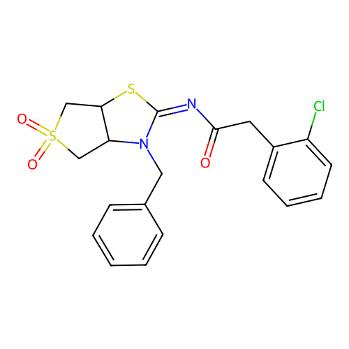 N-[(2Z)-3-benzyl-5,5-dioxidotetrahydrothieno[3,4-d][1,3]thiazol-2(3H)-ylidene]-2-(2-chlorophenyl)acetamide structure